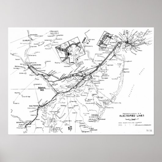 Poster Pennsylvania Railroad Electrified Lines Map 1956 (Devant)