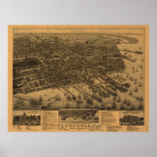 Poster Pensacola Floride 1885 Carte panoramique (Devant)