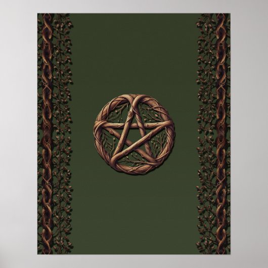 Poster Pentacle de brindille de bois vert olive Wiccan (Devant)