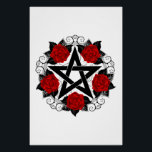 Poster Pentagramme aux roses rouges<br><div class="desc">Pentagramme noir avec motif, décoré de fleurs, roses rouges avec feuilles sur arrière - plan blanc. Style tatouage.</div>