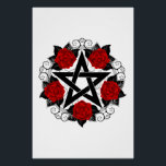Poster Pentagramme aux roses rouges<br><div class="desc">Pentagramme noir avec motif, décoré de fleurs, roses rouges avec feuilles sur arrière - plan blanc. Style tatouage.</div>