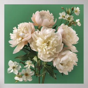 Poster Peonies Blanches Avec Fleurs De Printemps Sur Vert