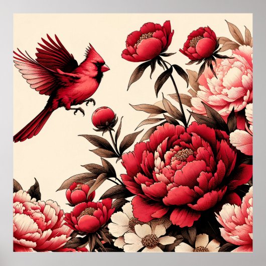 Poster Peonies d'oiseaux cardinaux rouges du Nord (Devant)