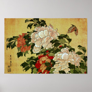 Poster Peonies et papillons Hokusai Art japonais