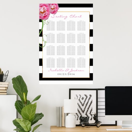 Poster Peonies Fleurs sur noir et blanc -16 Seating Chart (Bureau à domicile)