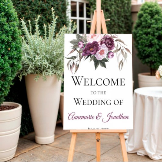 Poster Peonies rose prune violette Bienvenue à notre Mari