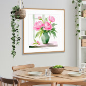 Poster Peonies roses Aquarelle Vase vert Imprimer
