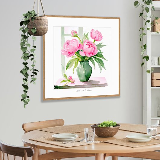 Poster Peonies roses Aquarelle Vase vert Imprimer