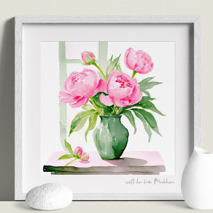 Poster Peonies roses Aquarelle Vase vert Imprimer