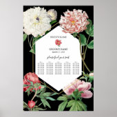Poster Peonies roses Fleurs Mariage Black Seating Chart (Devant)