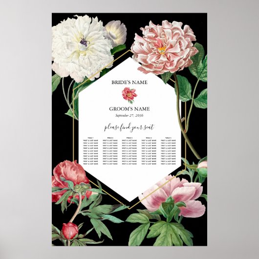 Poster Peonies roses Fleurs Mariage Black Seating Chart (Devant)