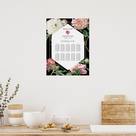 Poster Peonies roses Fleurs Mariage Black Seating Chart (Cuisine)