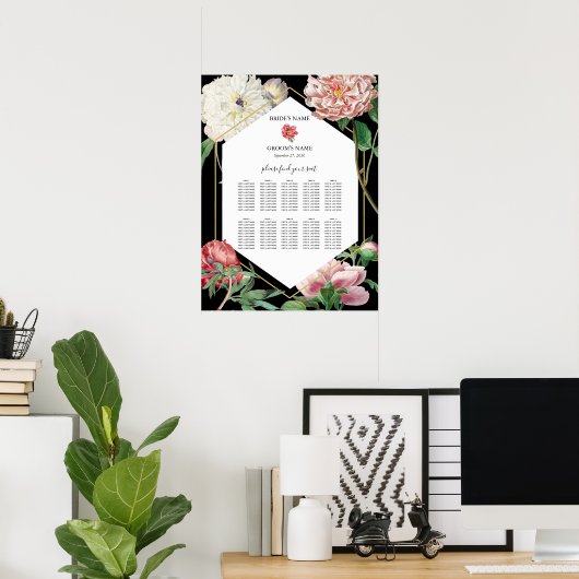 Poster Peonies roses Fleurs Mariage Black Seating Chart (Bureau à domicile)