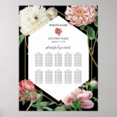 Poster Peonies roses Fleurs Mariage Black Seating Chart (Devant)