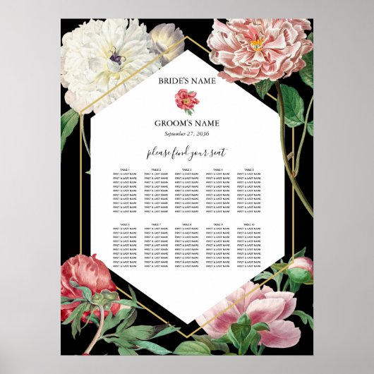 Poster Peonies roses Fleurs Mariage Black Seating Chart (Devant)
