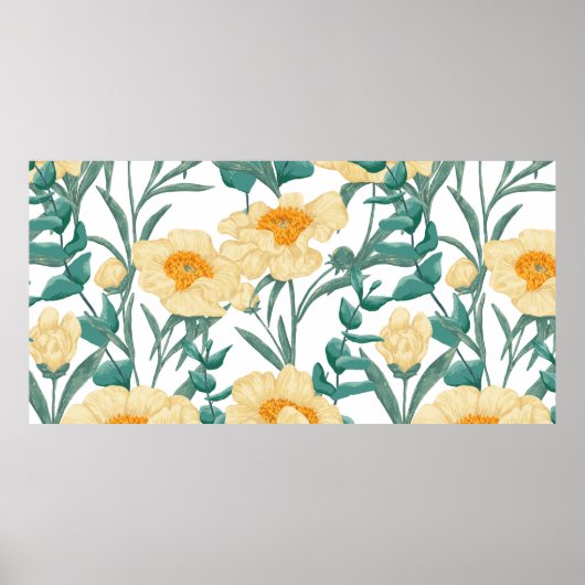 Poster Peony Claire de Lune plants seamless. Main (Devant)
