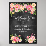 Poster Peony Flowers Chalkboard Bienvenue À Notre Mariage<br><div class="desc">Vintage retro Peonies tableau noir Mariage affiche de bienvenue avec élégante typographie manuscrite personnalisable à vos spécifications.</div>