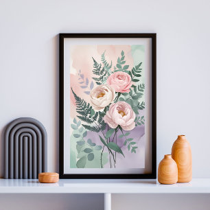 Poster Peony romantique & Fermer Watercolor Wall Art