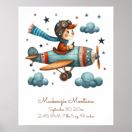 Poster Pépinière Cute personnalisée Art Avion volant enfa (Devant)