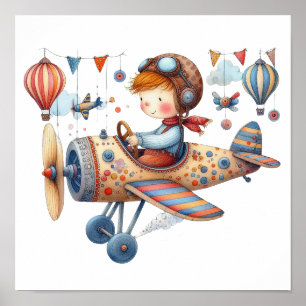 Poster Pépinière lunaire Art Enfant volant Vieux avion