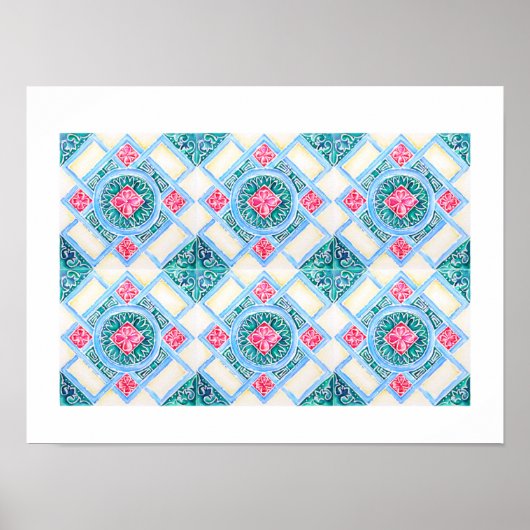 Poster Peranakan Carreaux géométriques Turquoise (Devant)