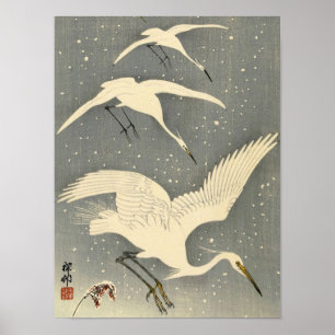 Poster Perching Herons in Snow, 1936 par Ohara Koson