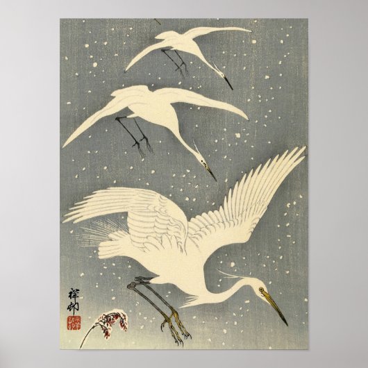Poster Perching Herons in Snow, 1936 par Ohara Koson (Devant)