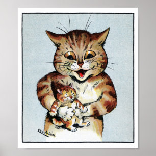 Poster Père Chat tenant un chaton, Louis Wain