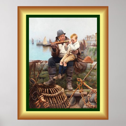 Poster Père et Fils assis sur le mur de la mer avec téles (Devant)