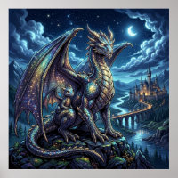 Père et fils dragons célestes éclairés par la lune