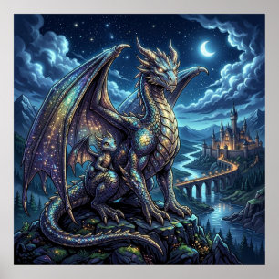 Poster Père et fils dragons célestes éclairés par la lune