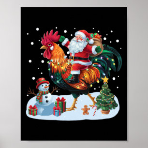 Poster Père Noël à cheval sur un poulet drôles de lumière
