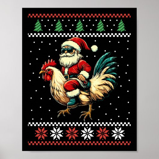 Poster Père Noël à cheval sur un poulet pull de Noël laid (Devant)