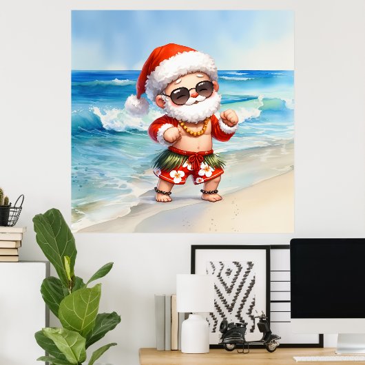 Poster Père Noël à Noël à la plage en juillet (Bureau à domicile)