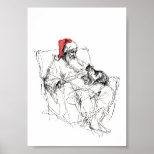 Poster Père Noël assis avec le chat sur le genou