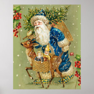 POSTER PÈRE NOËL AVEC CERFS ET CADEAUX DE NOËL DANS LA NE