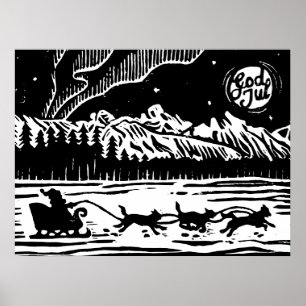 Poster Père Noël avec traîneau de chien dans l'Arctique L