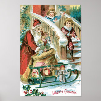 Poster Père Noël avec traîneau et présentoirs pour enfant