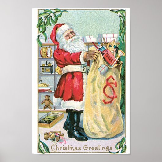 Poster Père Noël avec un gros sac de cadeaux (Devant)