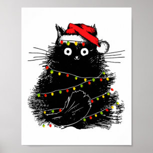 Poster père Noël chat noir emmêlé à la lumière des arbres