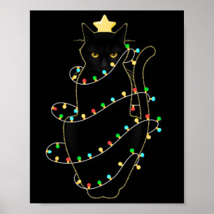 Poster Père Noël Chat Noir Tangé Dans La Lumière De L'Arb
