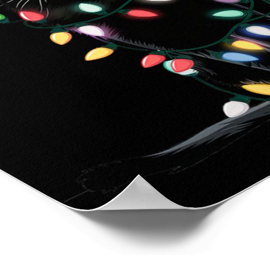 Poster Père Noël Chat Noir Tangé Dans La Lumière De L'Arb (Coin)