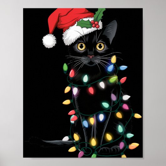 Poster Père Noël Chat Noir Tangé Dans La Lumière De L'Arb (Devant)