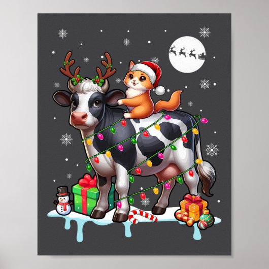 Poster Père Noël Chat Riding Reindeer Vache Noël Lumières (Devant)