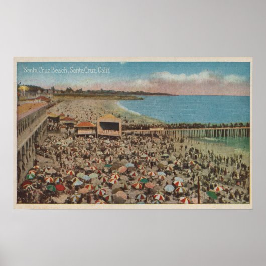 Poster Père Noël Cruz, CA - Scène de plage pleine de gens (Devant)
