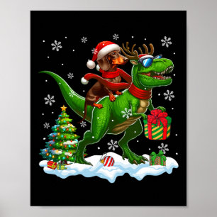 Poster Père Noël Dachshund Riding Reindeer T-rex Christma