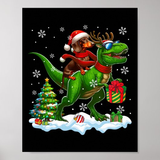 Poster Père Noël Dachshund Riding Reindeer T-rex Christma (Devant)