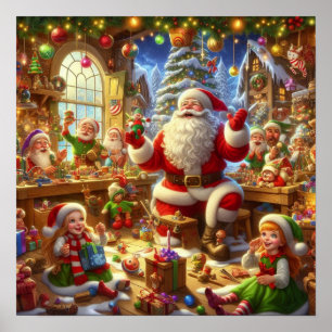 Poster Père Noël dans son atelier de Noël avec des jouets