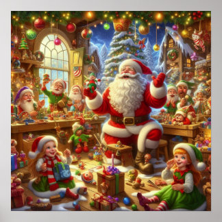 Poster Père Noël dans son atelier de Noël avec des jouets