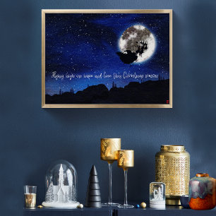 Poster Père Noël de la Nuit étoilée volant avec des renne